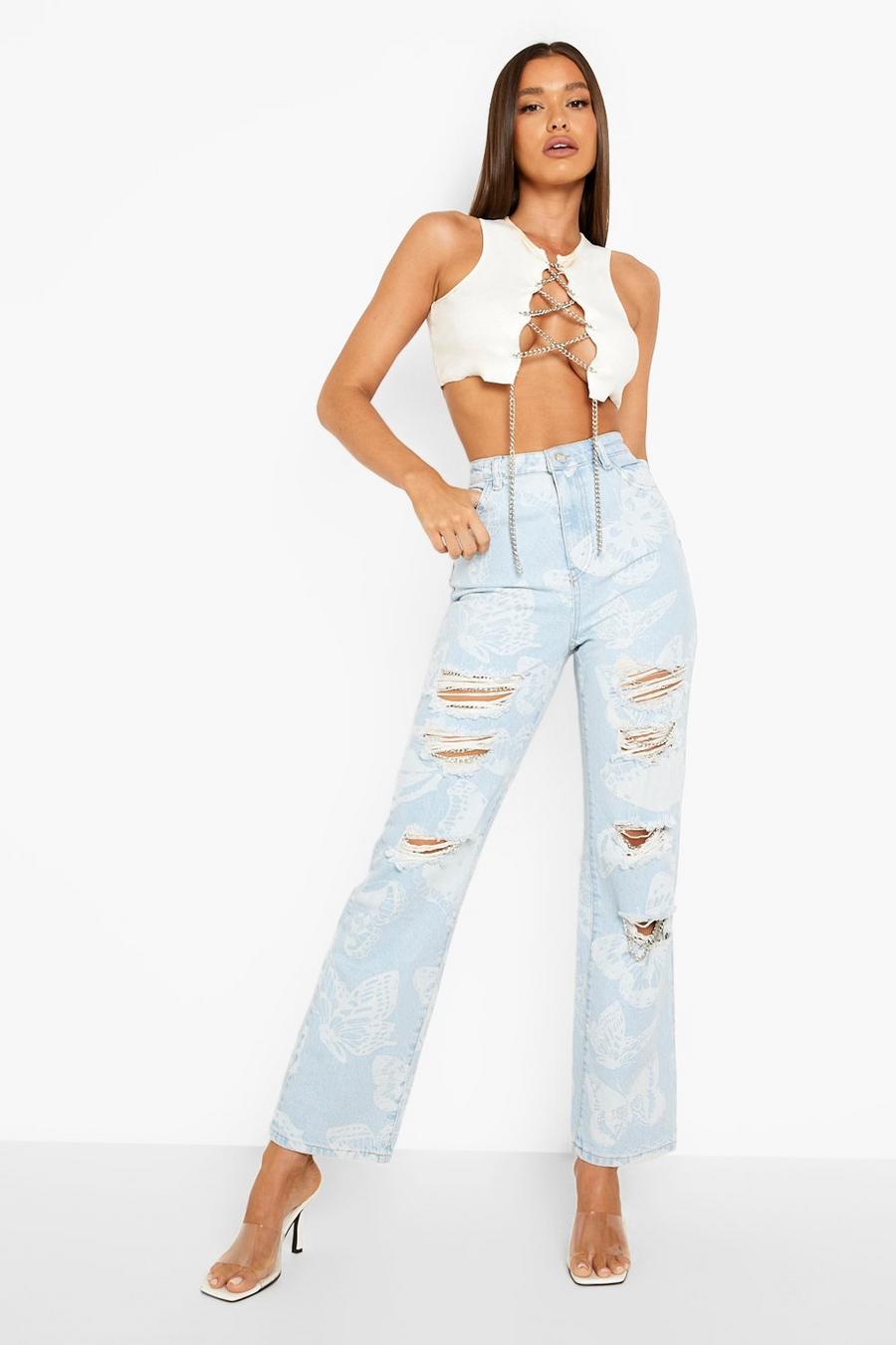 Ice blue Butterfly Printed Chain Distressed Jeans image number 1