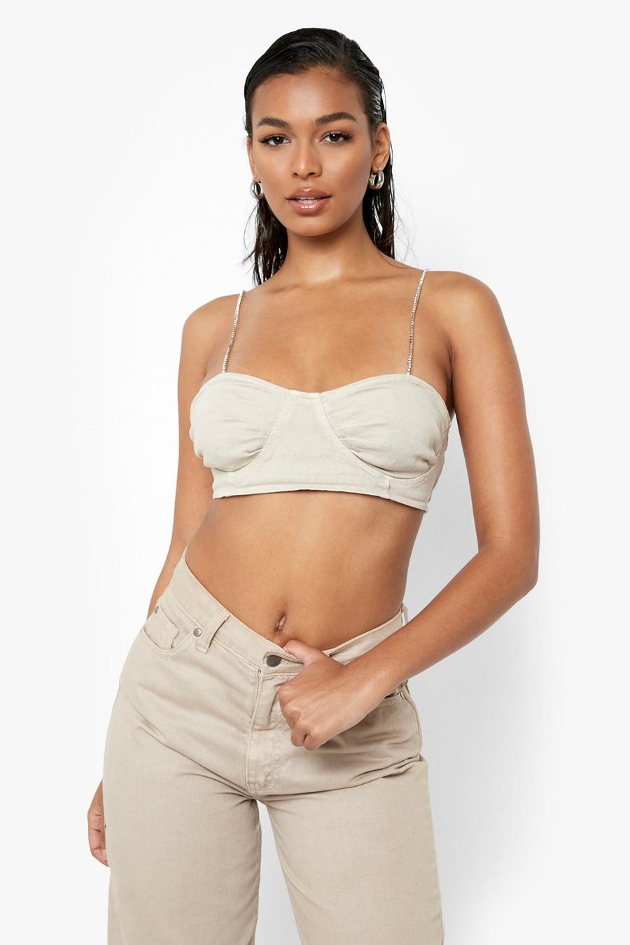 Sand beige Ruched Bralette With Diamante Straps image number 1