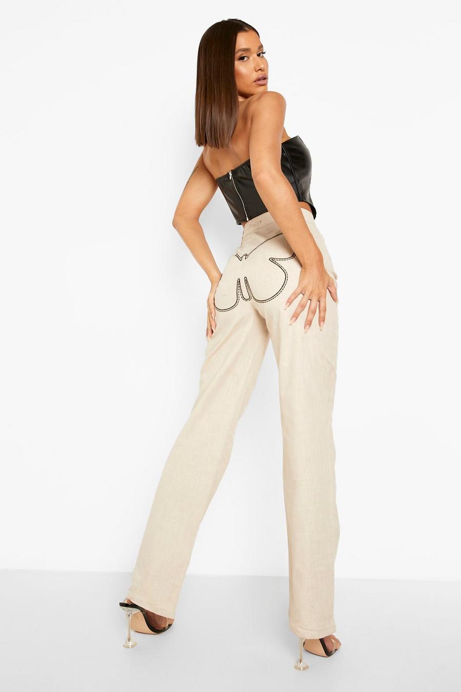 Sand Butterfly Stitch Detail Boyfriend Pants image number 1