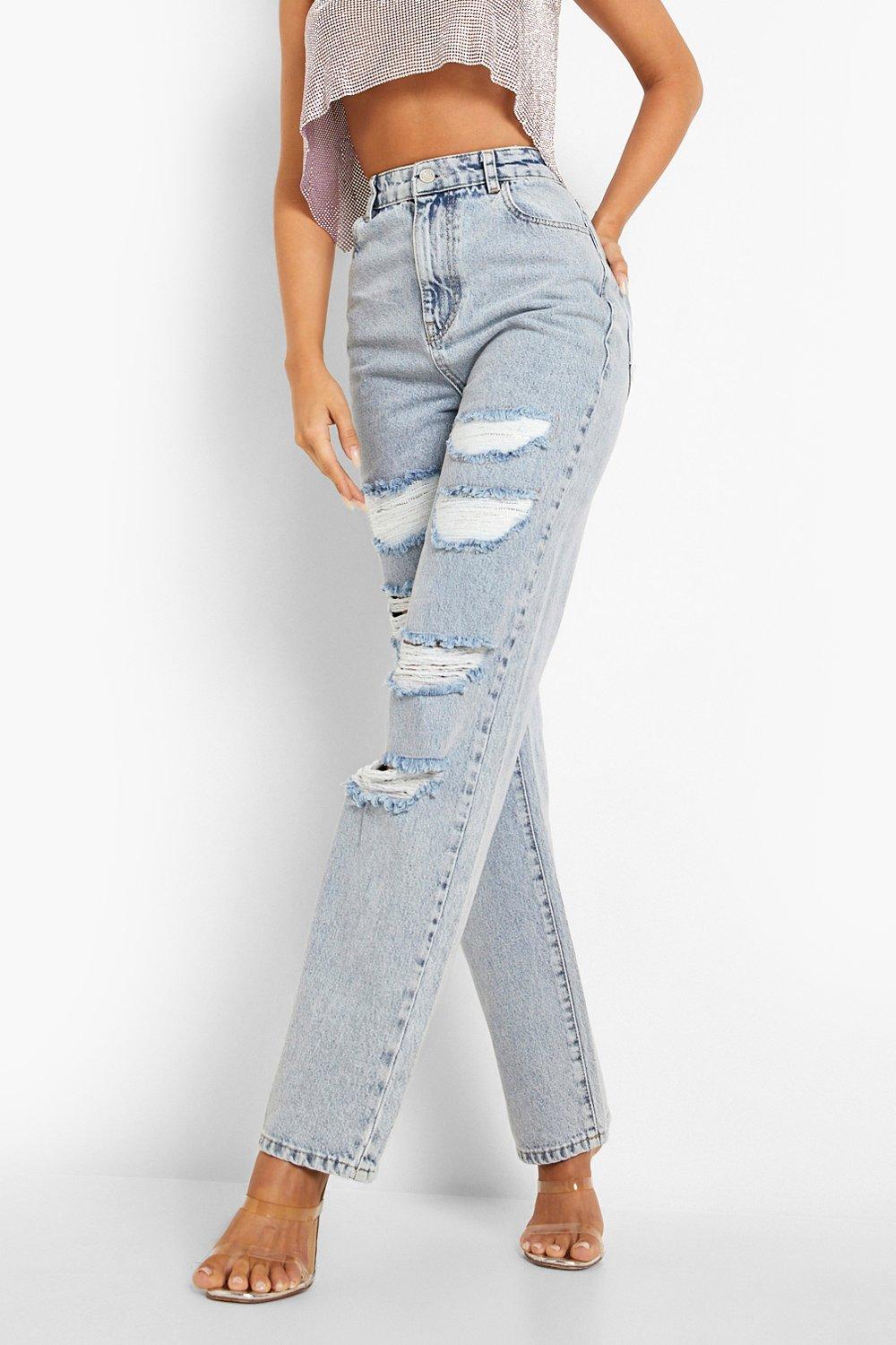 Blue Boohoo Denim Basics High Waisted Extreme Ripped Straight Fit Jeans in Light Wash Womens Jeans Boohoo Jeans 