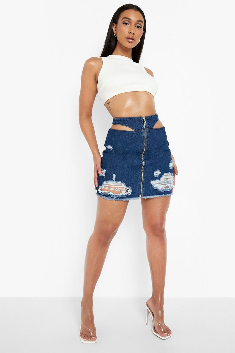 Washed indigo Cut Out Waist Detail Denim Mini Skirt image number 1