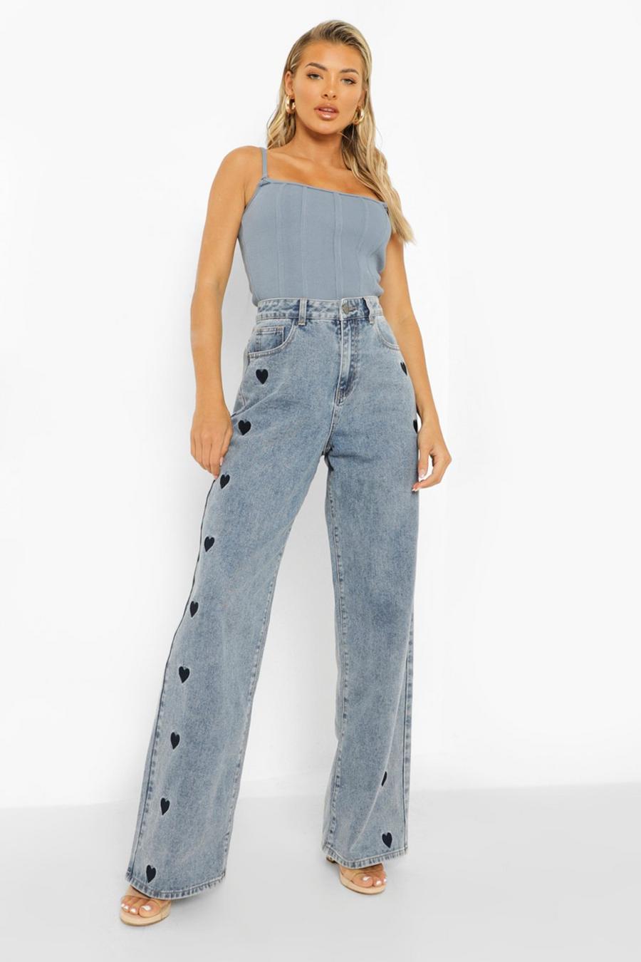 Mid blue Heart Embroidered Boyfriend Jeans image number 1
