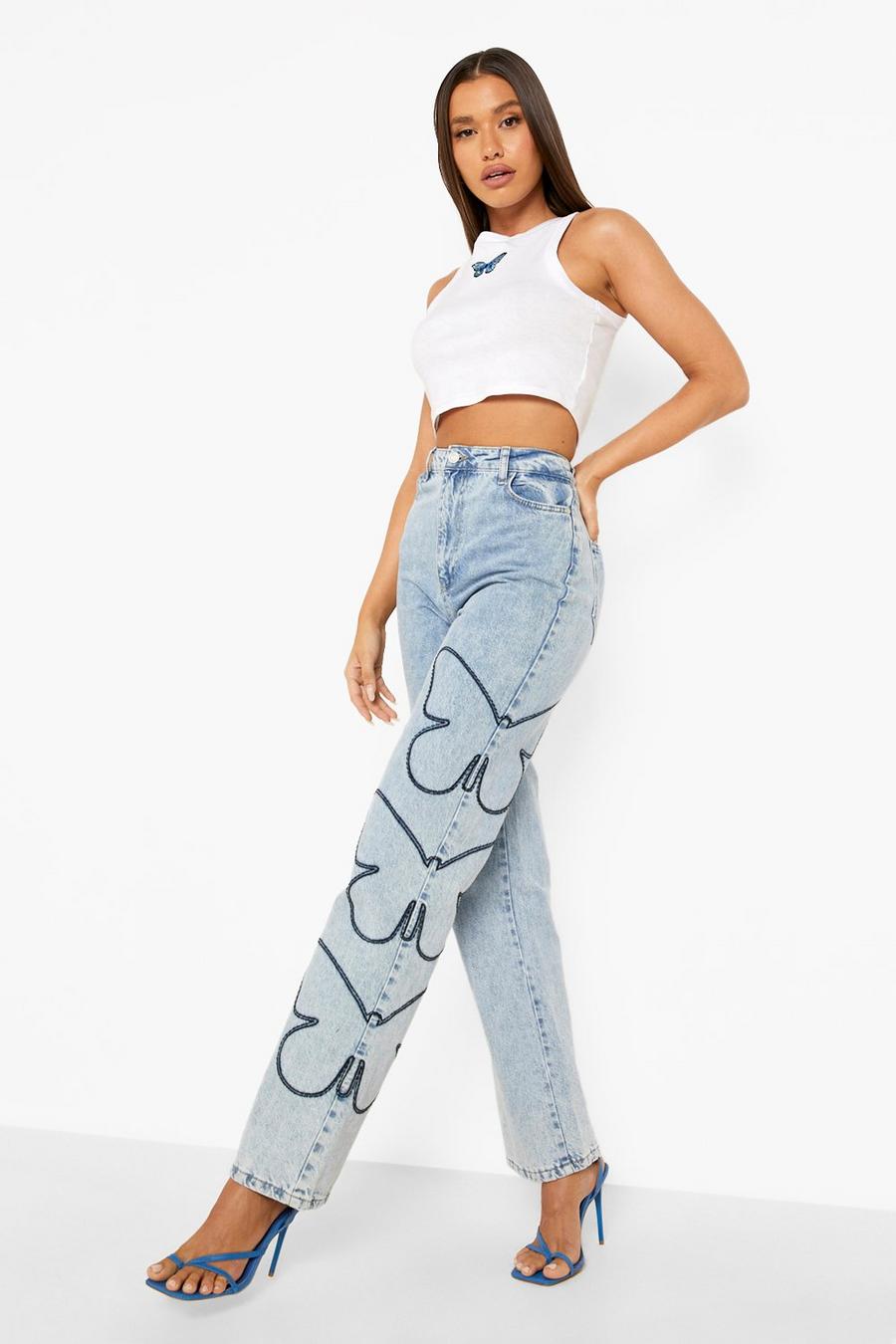 Ice blue Butterfly Embroidered Detail Boyfriend Jeans