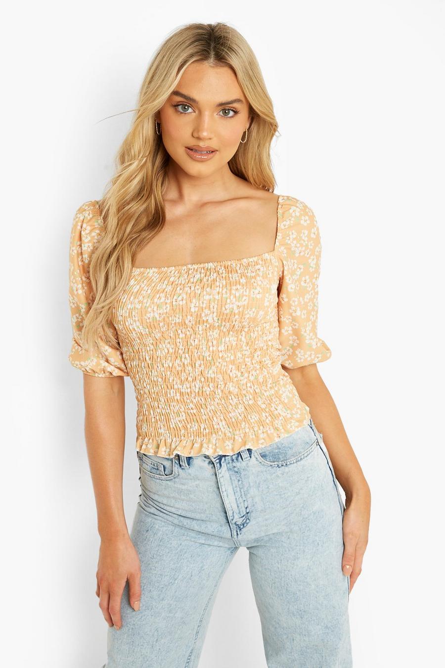 Ochre Floral Sheered Puff Sleeve Top image number 1