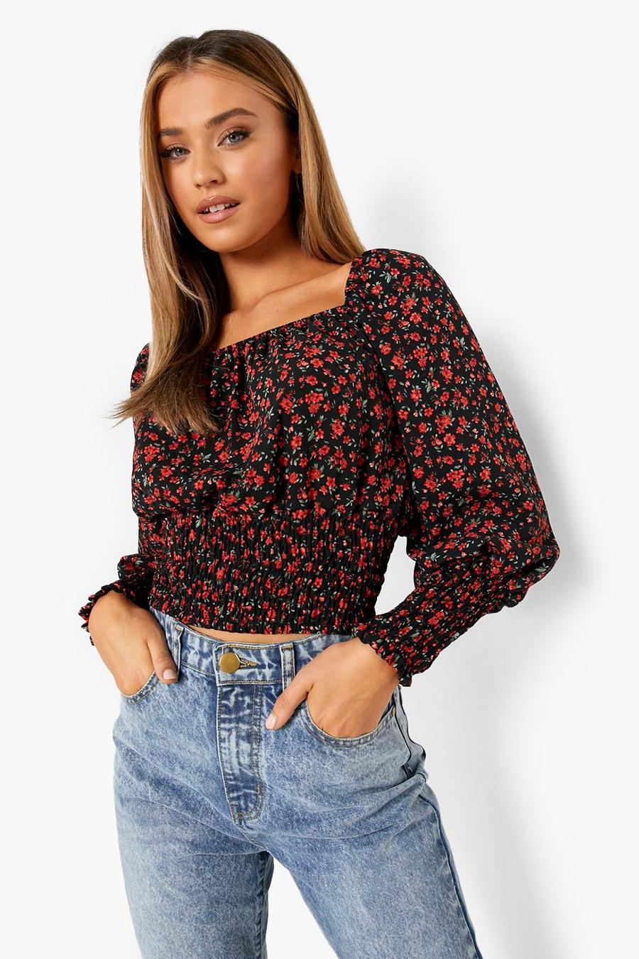 Red Floral Sheered Front Long Sleeve Crop Top image number 1