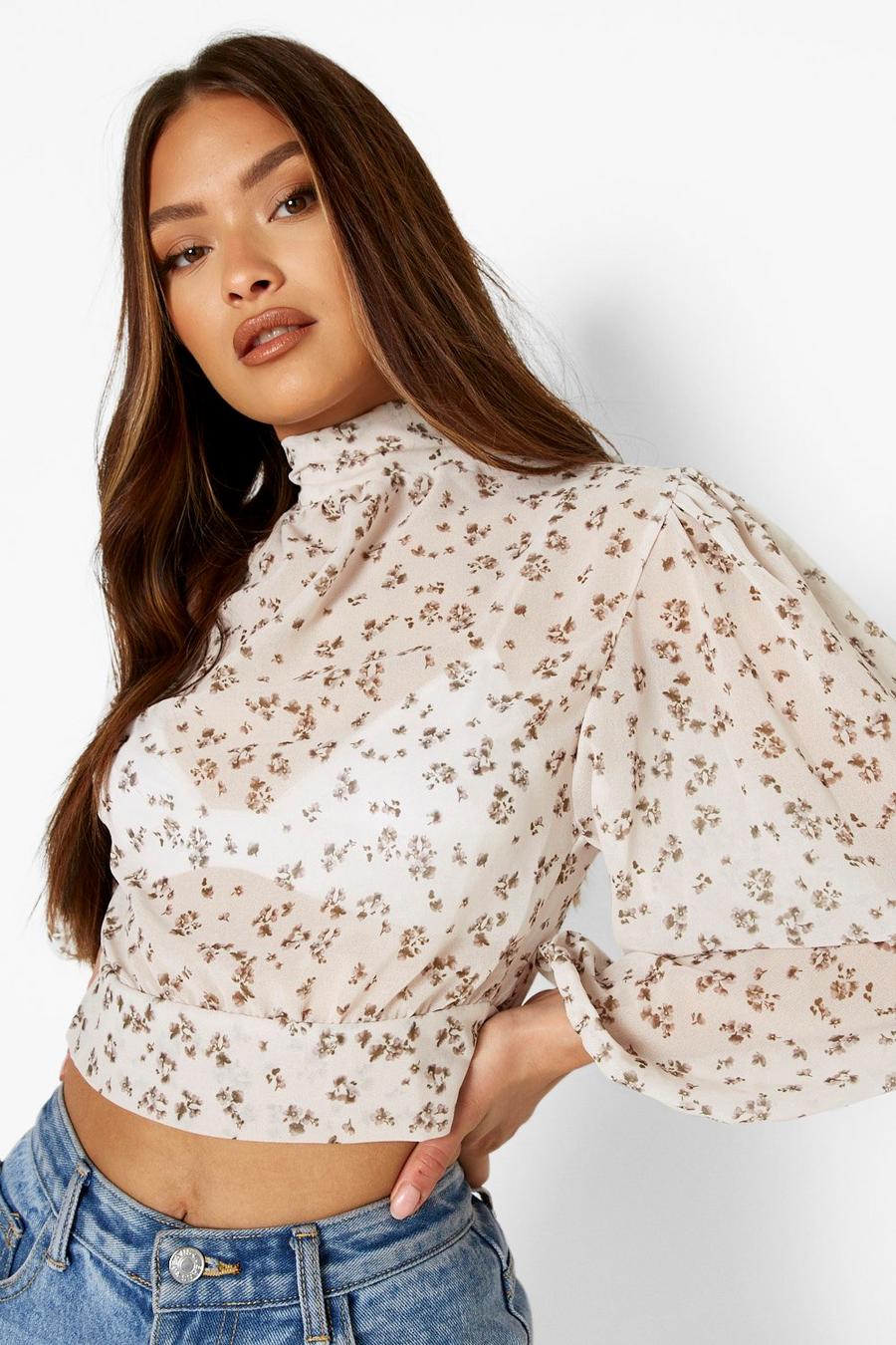 Cream Floral Flared Sleeve Tie Back High Neck Top image number 1
