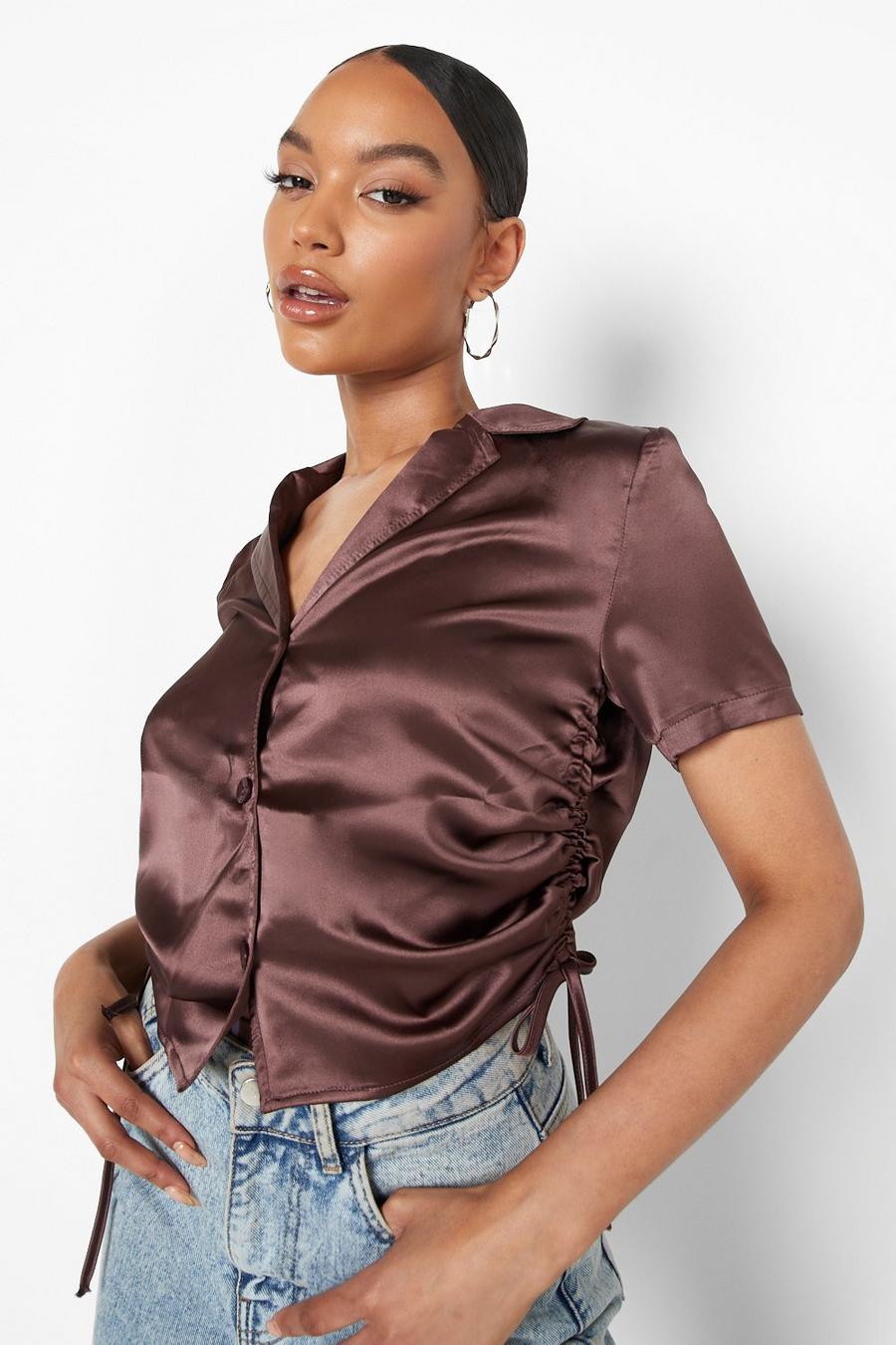 Chocolate Satin Ruched Cropped Shirt image number 1