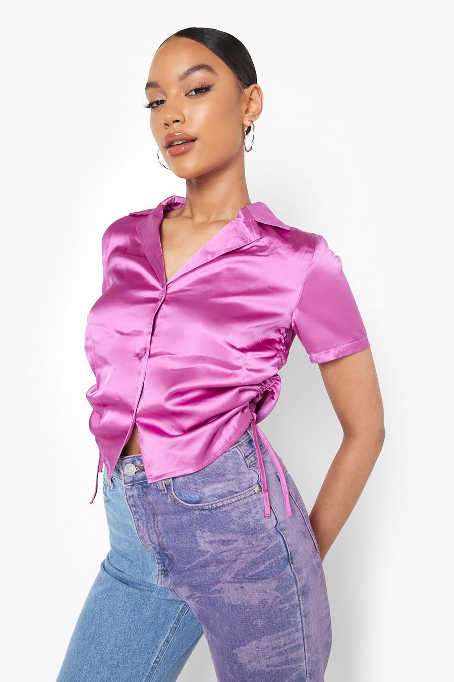 Jewel purple Satin Ruched Cropped Shirt image number 1