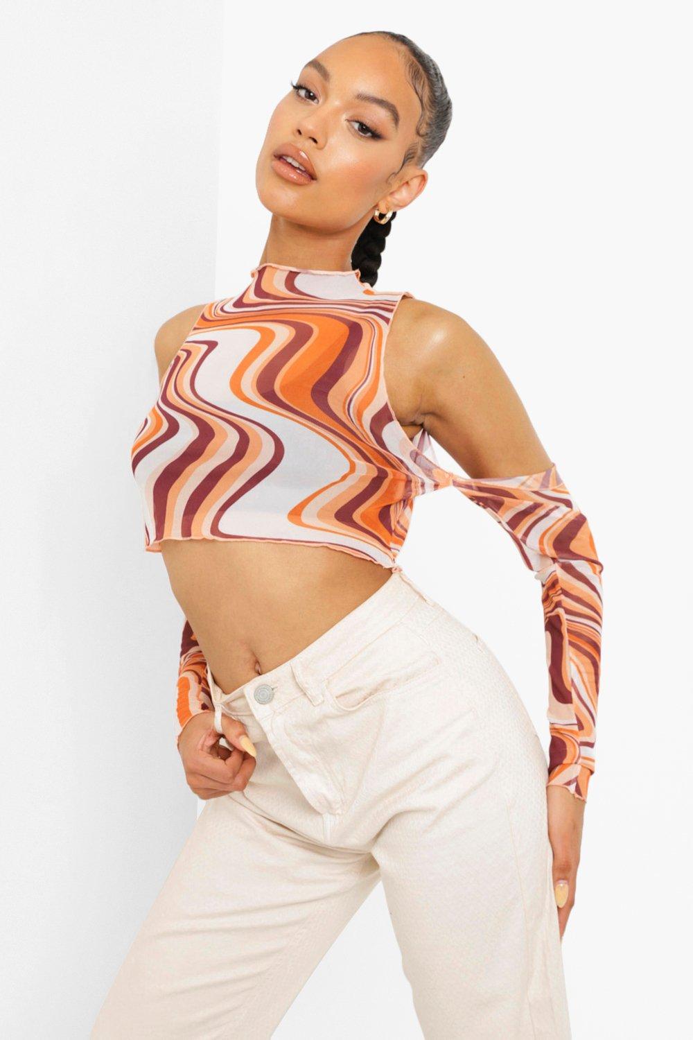 Marble Print Mesh Cut Out Crop Top