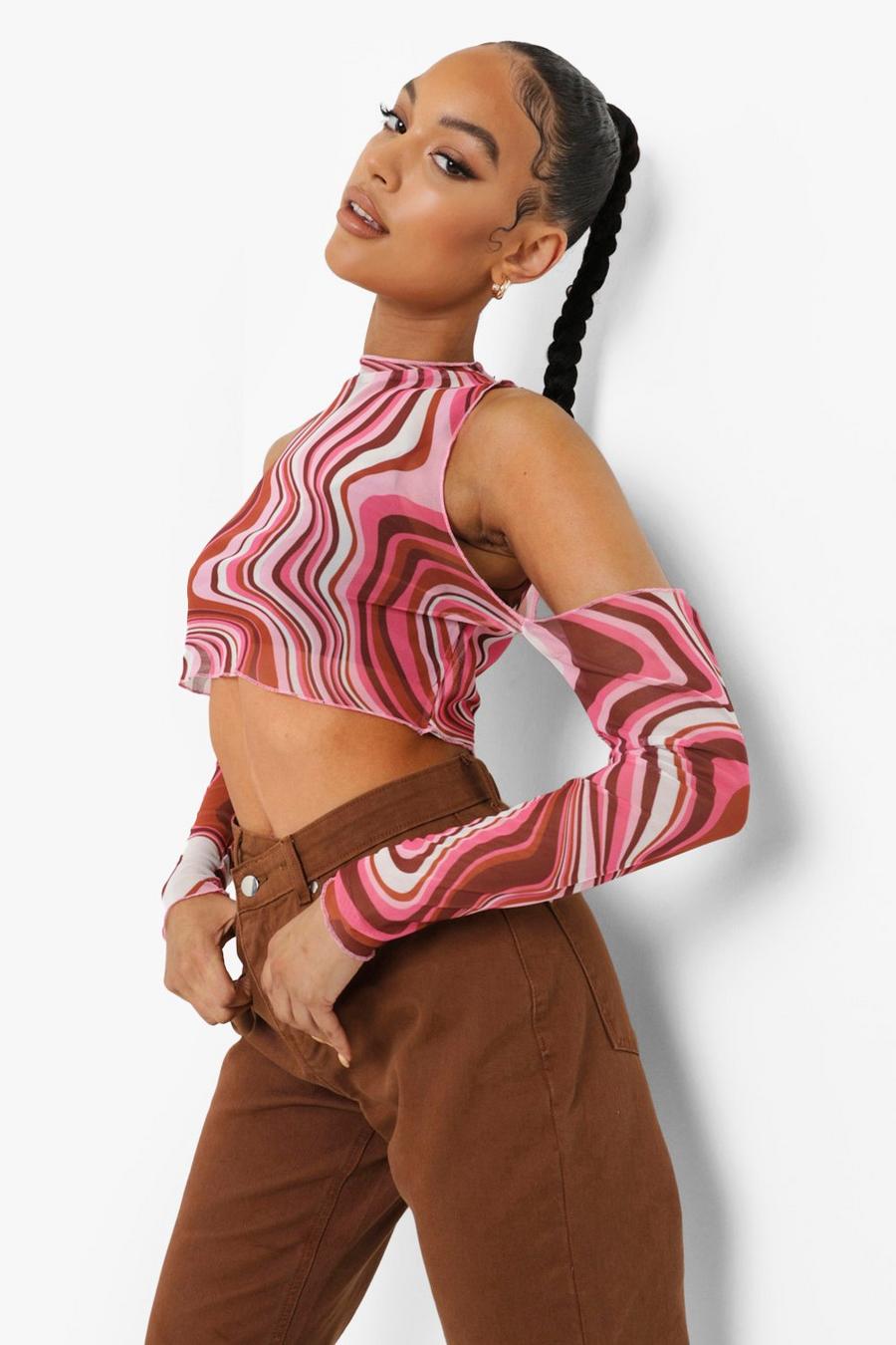 Pink Mönstrad crop top i mesh med cut-out image number 1