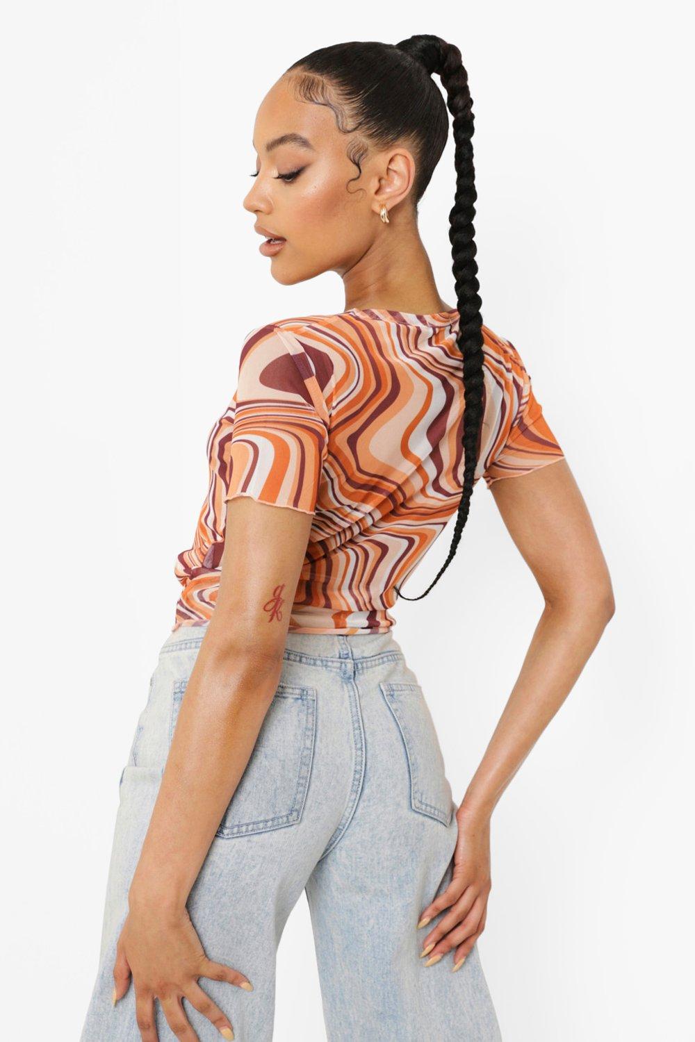 Marble Print Mesh Short Sleeve Top