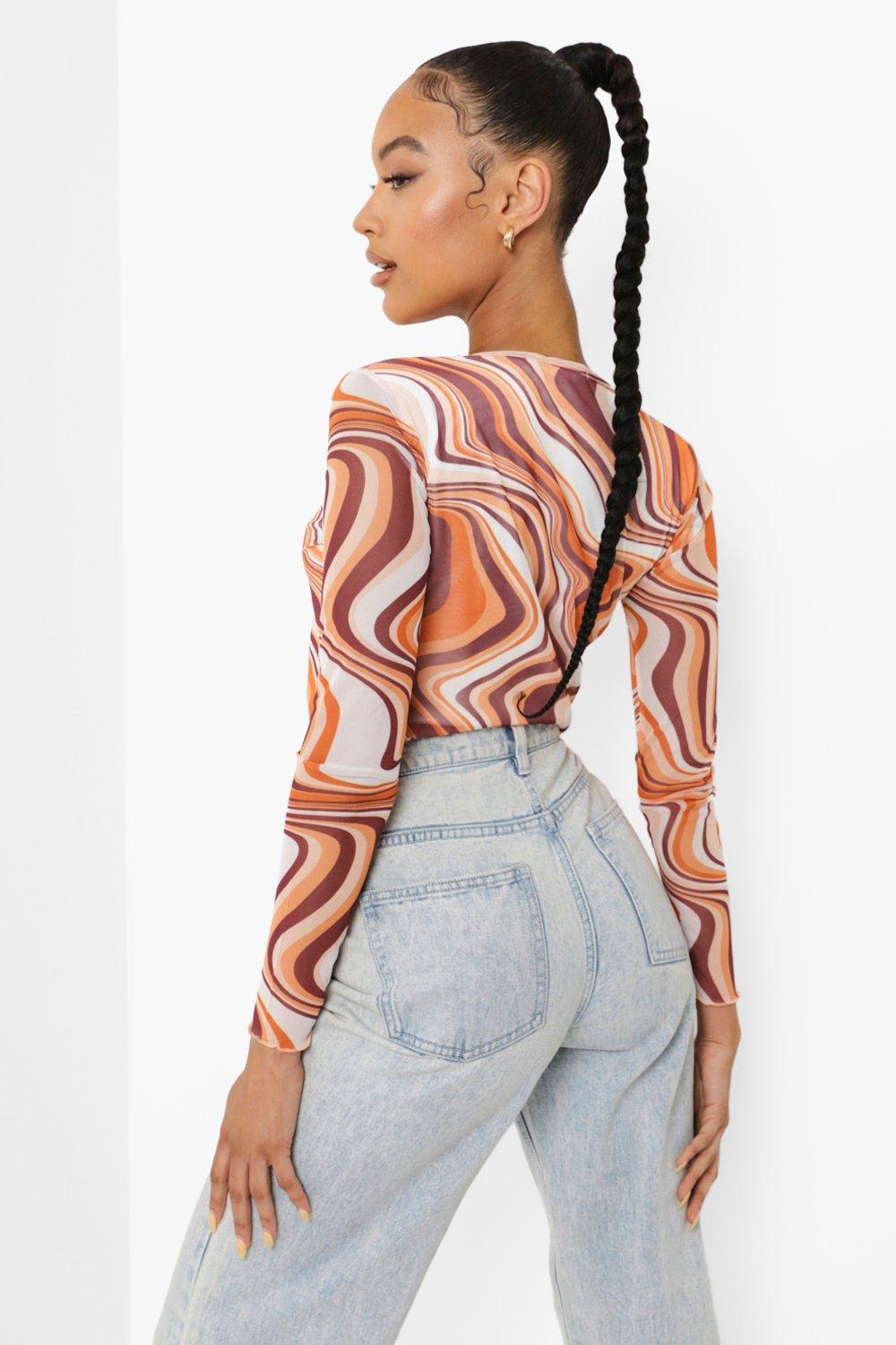 Women's Orange Marble Printed Mesh Long Sleeve Crop Top