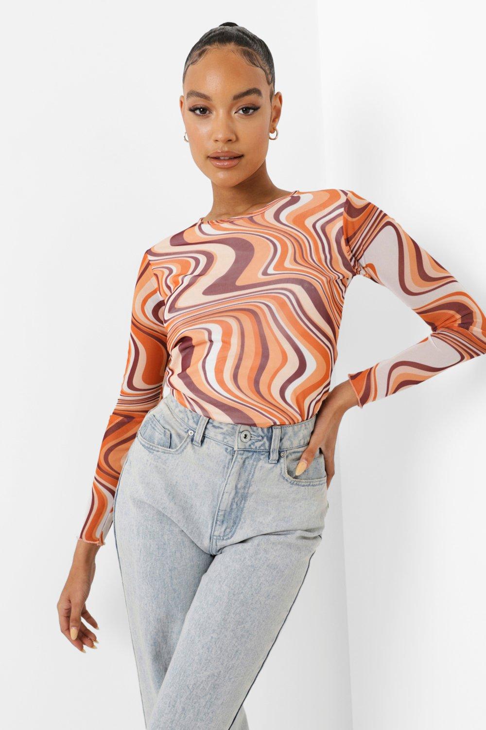 Orange Marble Printed Mesh Long Sleeve Crop Top