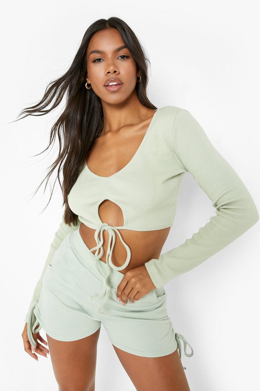 Sage Rib Long Sleeve Cut Out Crop Top image number 1