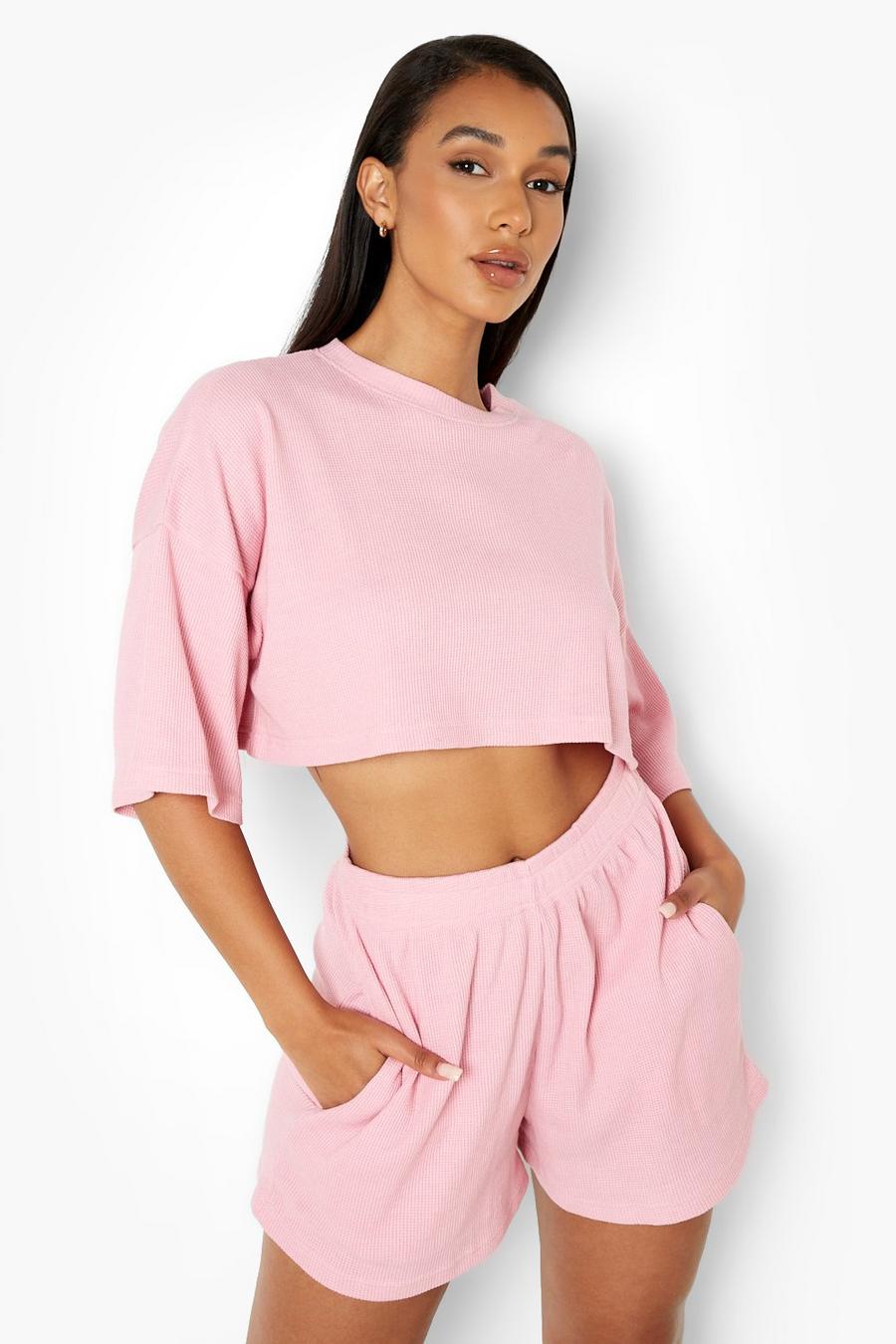 Pale pink Waffle Cropped T-shirt And Short Set image number 1