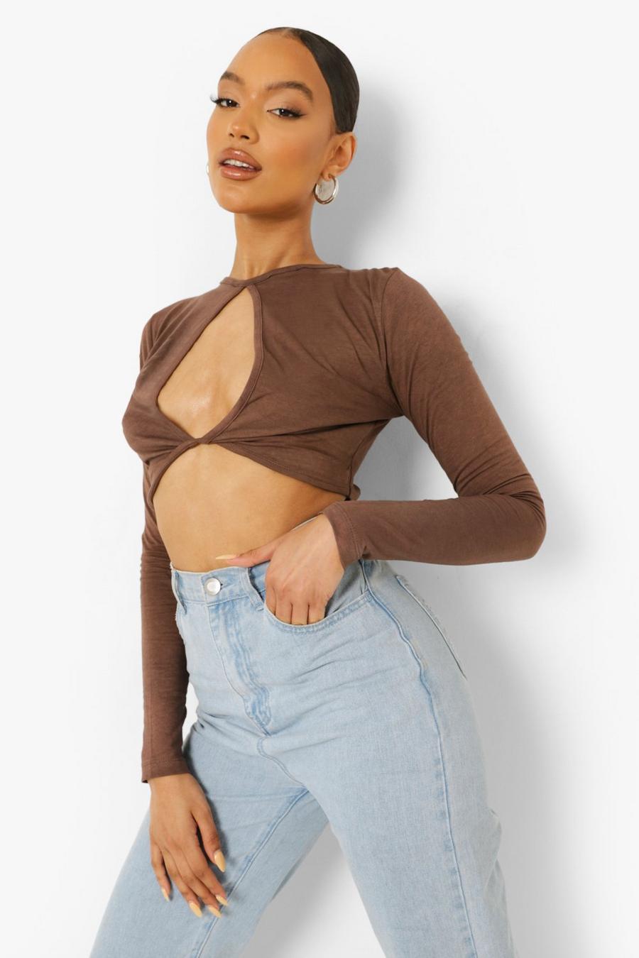 Chocolate Long Sleeve Twist Front Crop Top image number 1