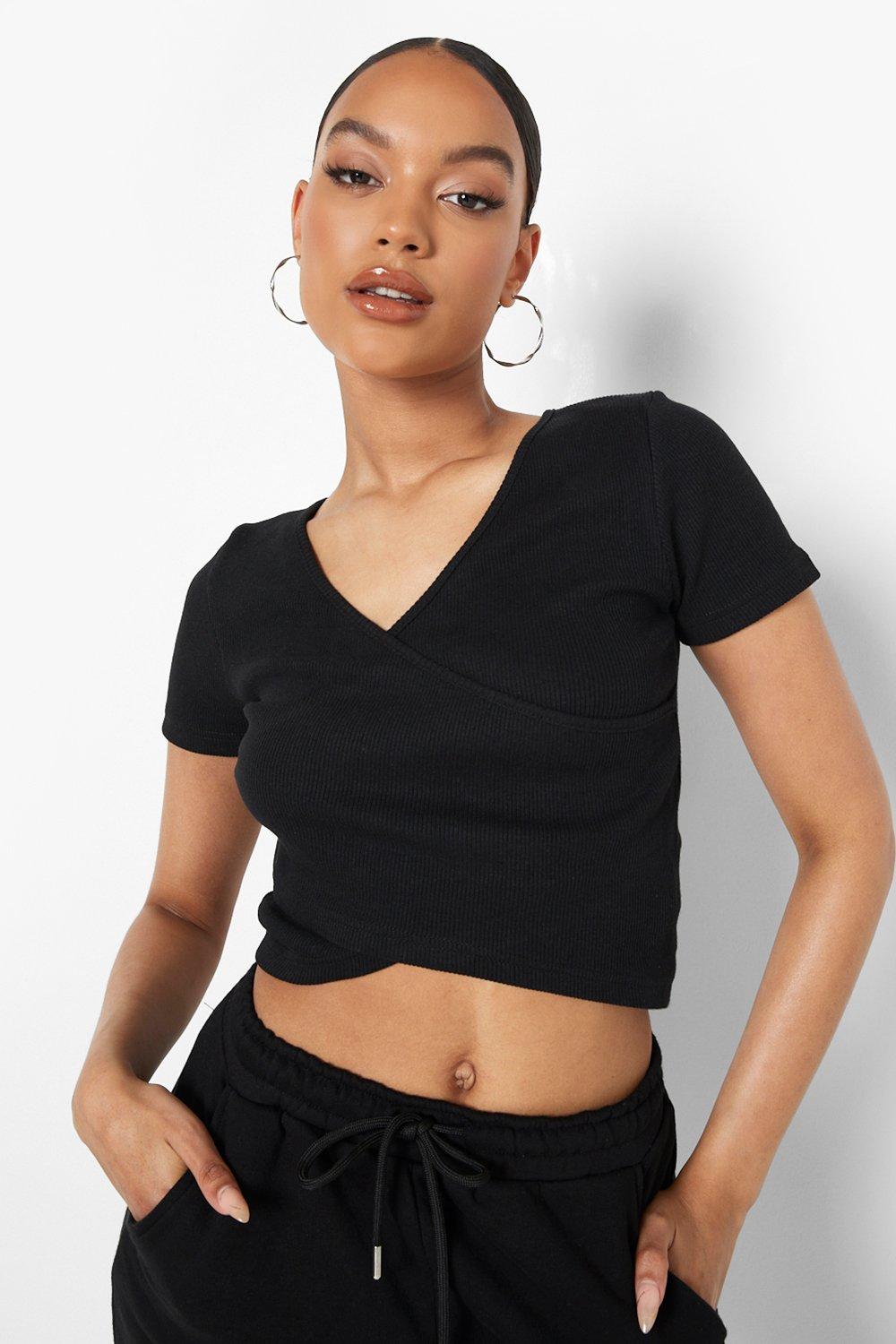 Black short store sleeve wrap top