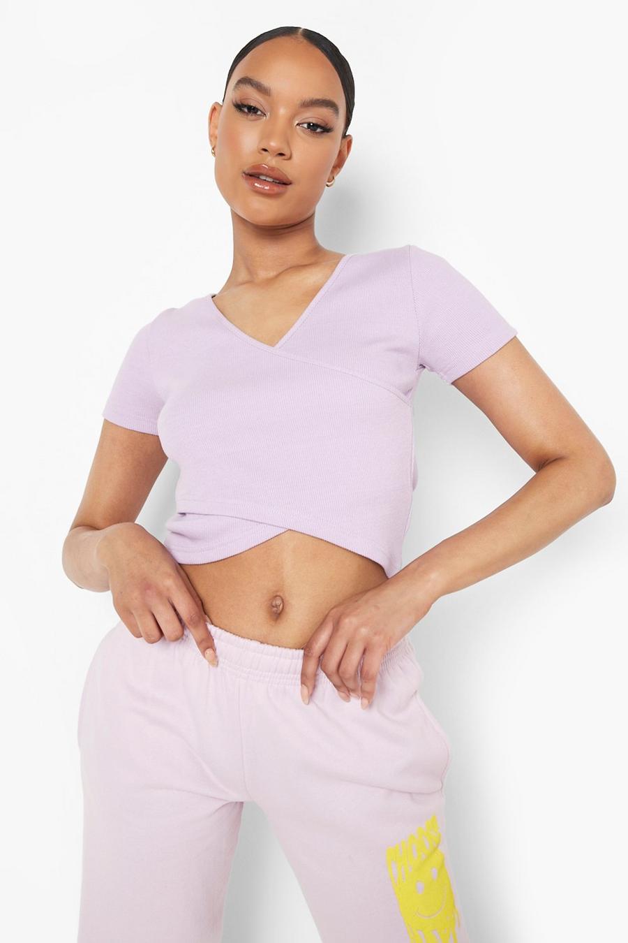 Lilac Rib Short Sleeve Wrap Top image number 1