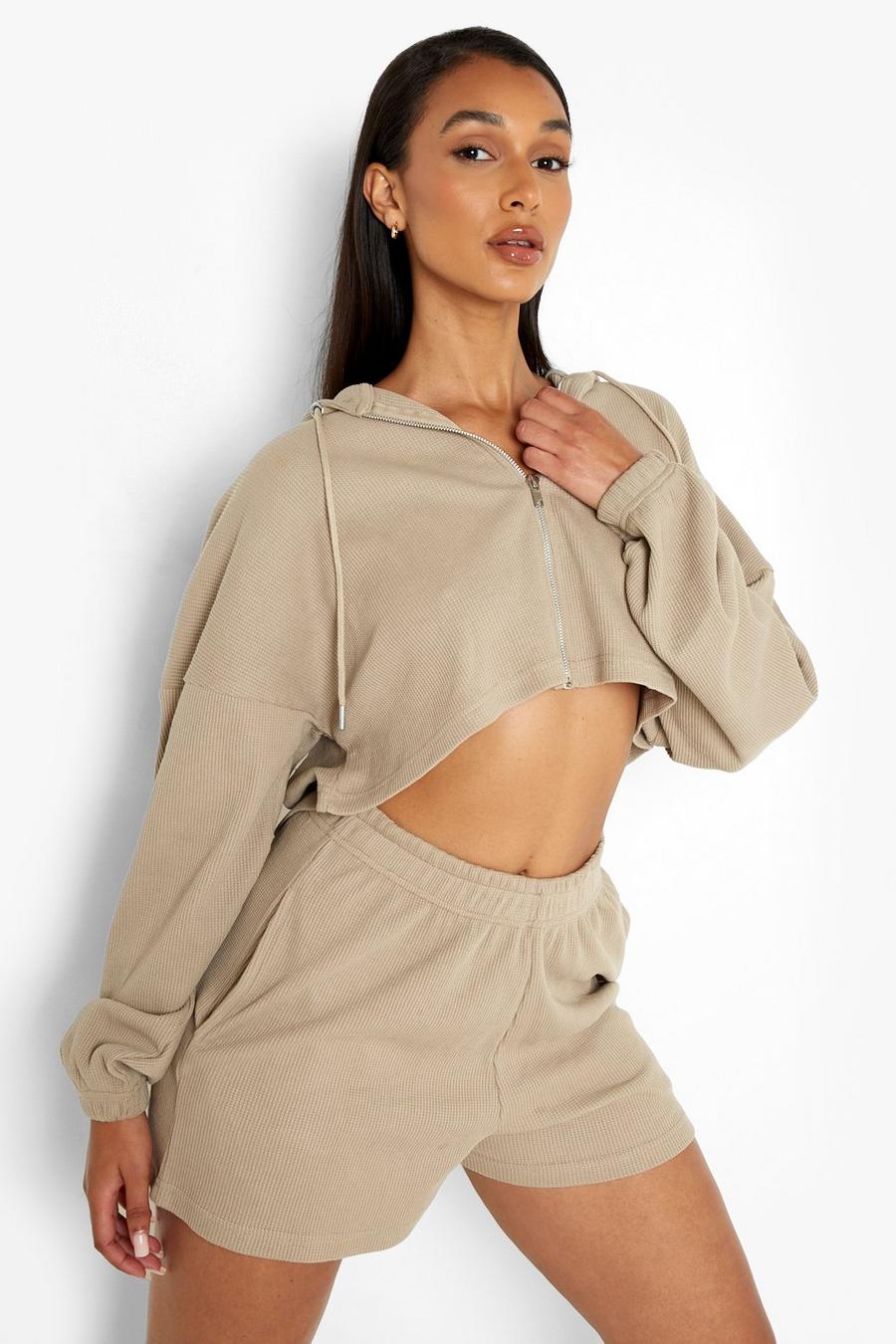 Taupe beige Waffle Cropped Zip Through Hoodie
