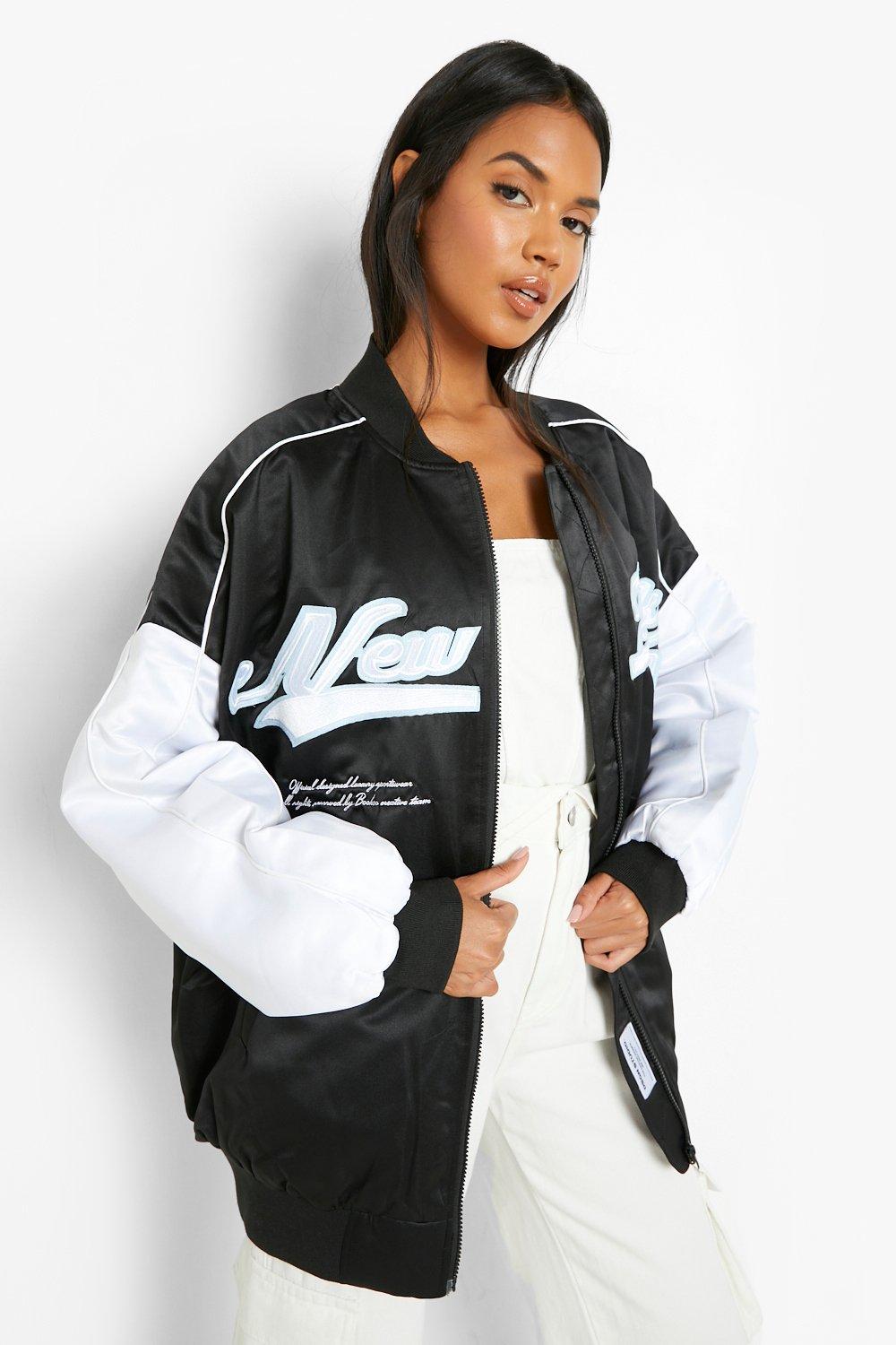 Women's Madison Beer Satin Oversized Letterman Jacket | Boohoo UK