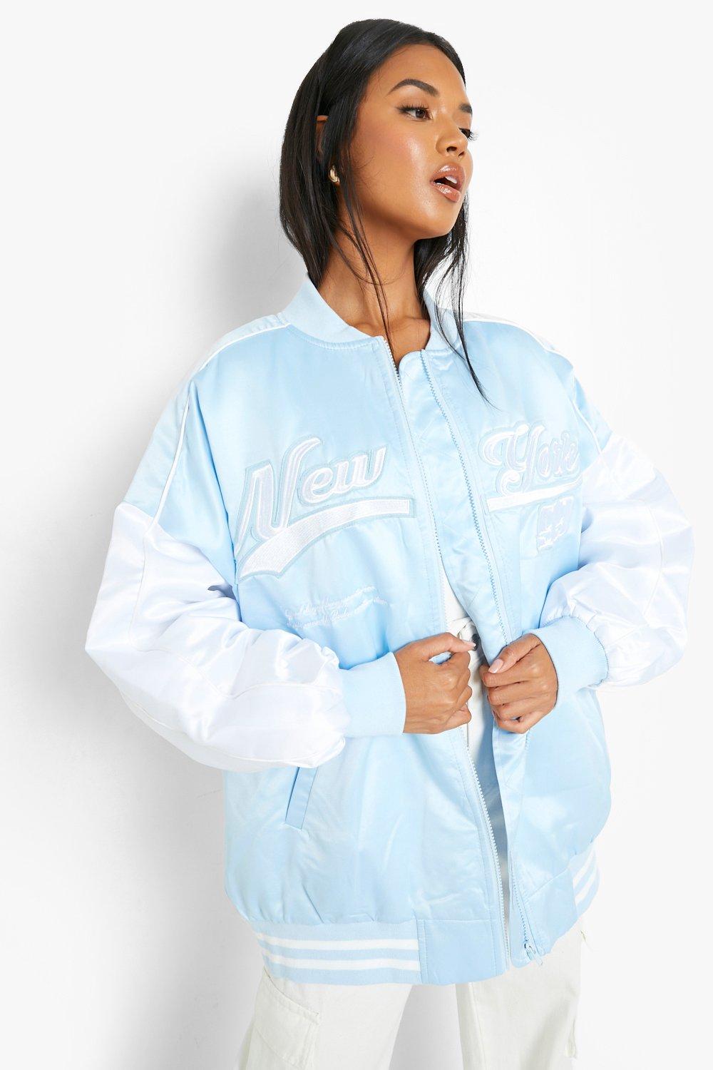 Women's Varsity Bomber Baby Blue Satin Jacket - HJacket