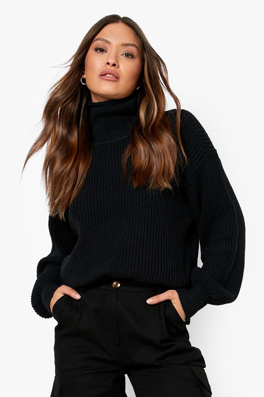 Black Recycled High Neck Balloon Sleeve Sweater image number 1
