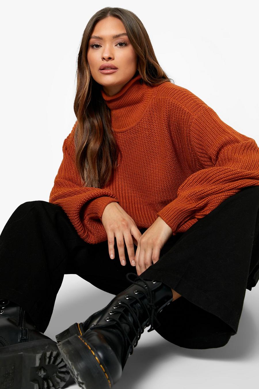 Rust Recycled High Neck Balloon Sleeve Sweater image number 1