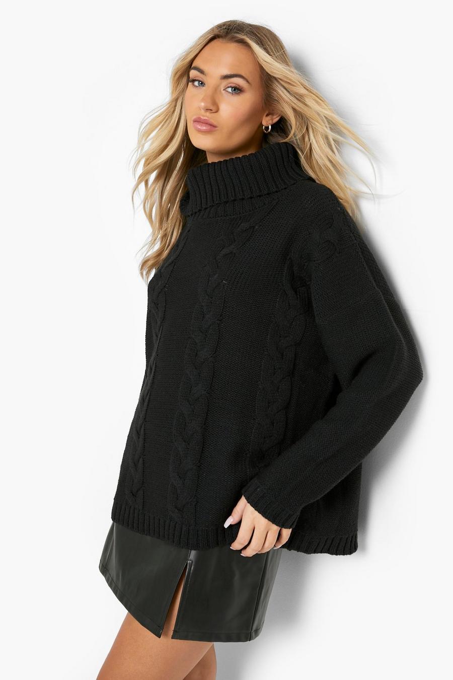 Black Recycled Turtleneck Cable Knit Sweater image number 1