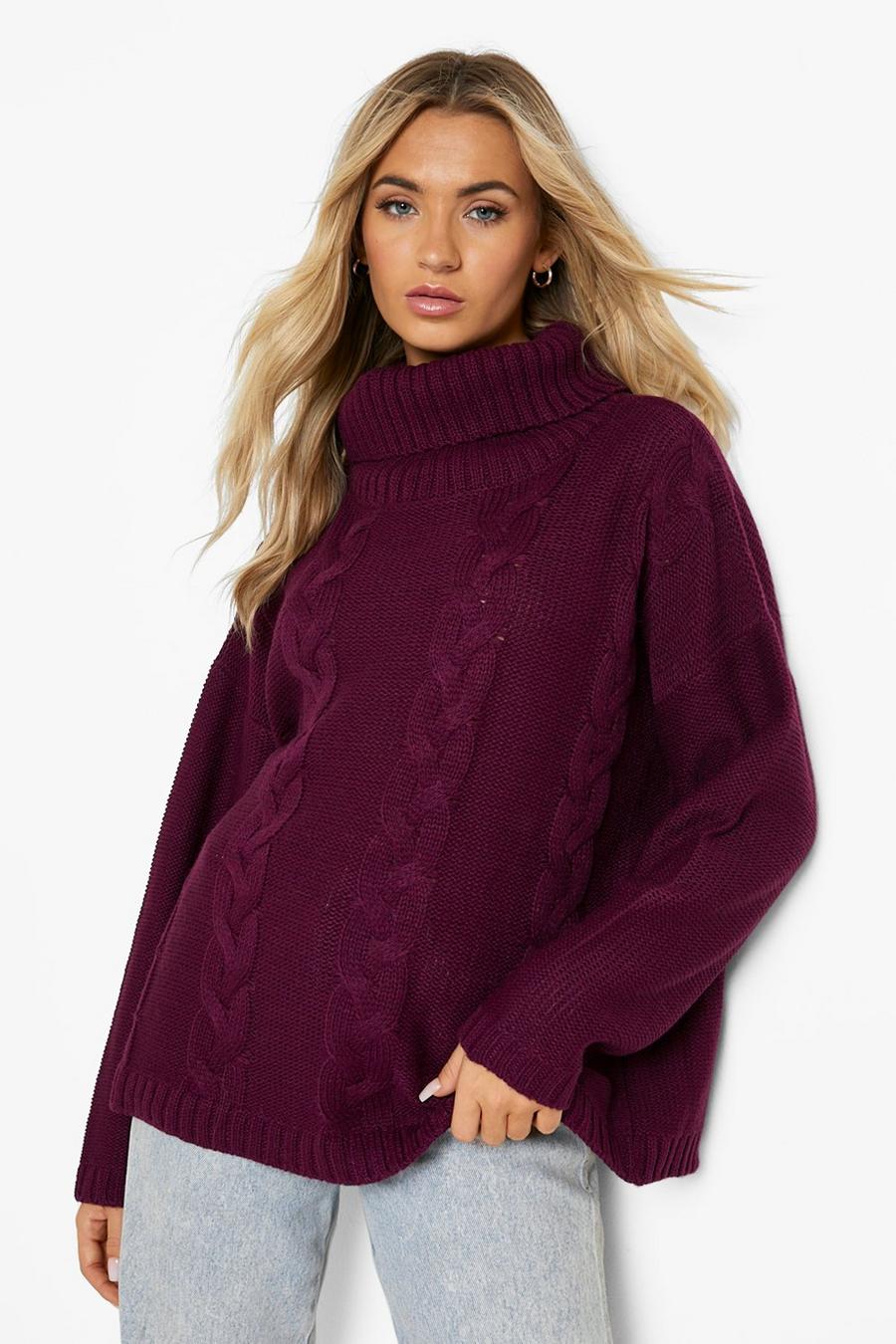 Purple Roll Neck Cable Knitted Jumper