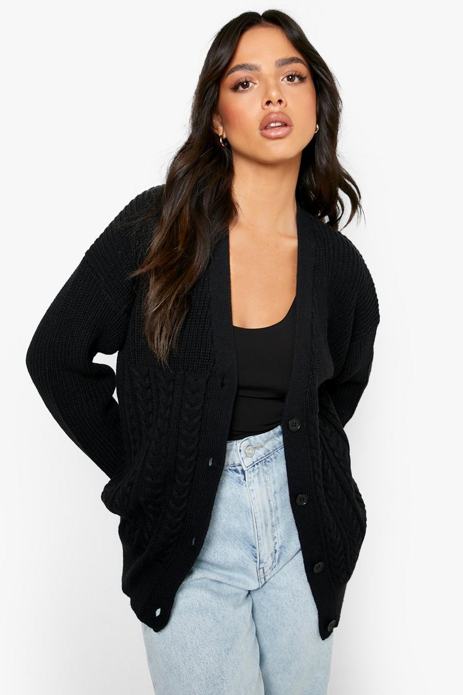 Black Mixed Stitch Slouchy Cardigan image number 1