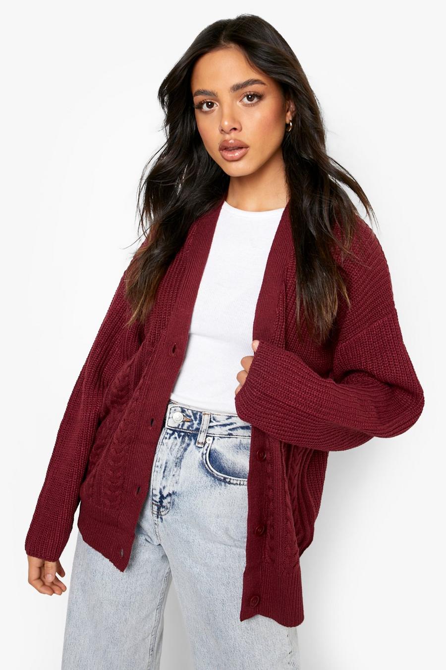 Wine Mixed Stitch Slouchy Cardigan image number 1