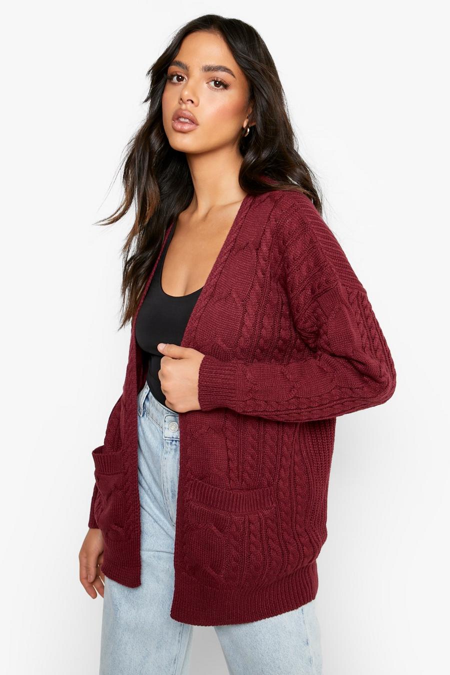 Wine red Edge To Edge Cable Knit Cardigan image number 1