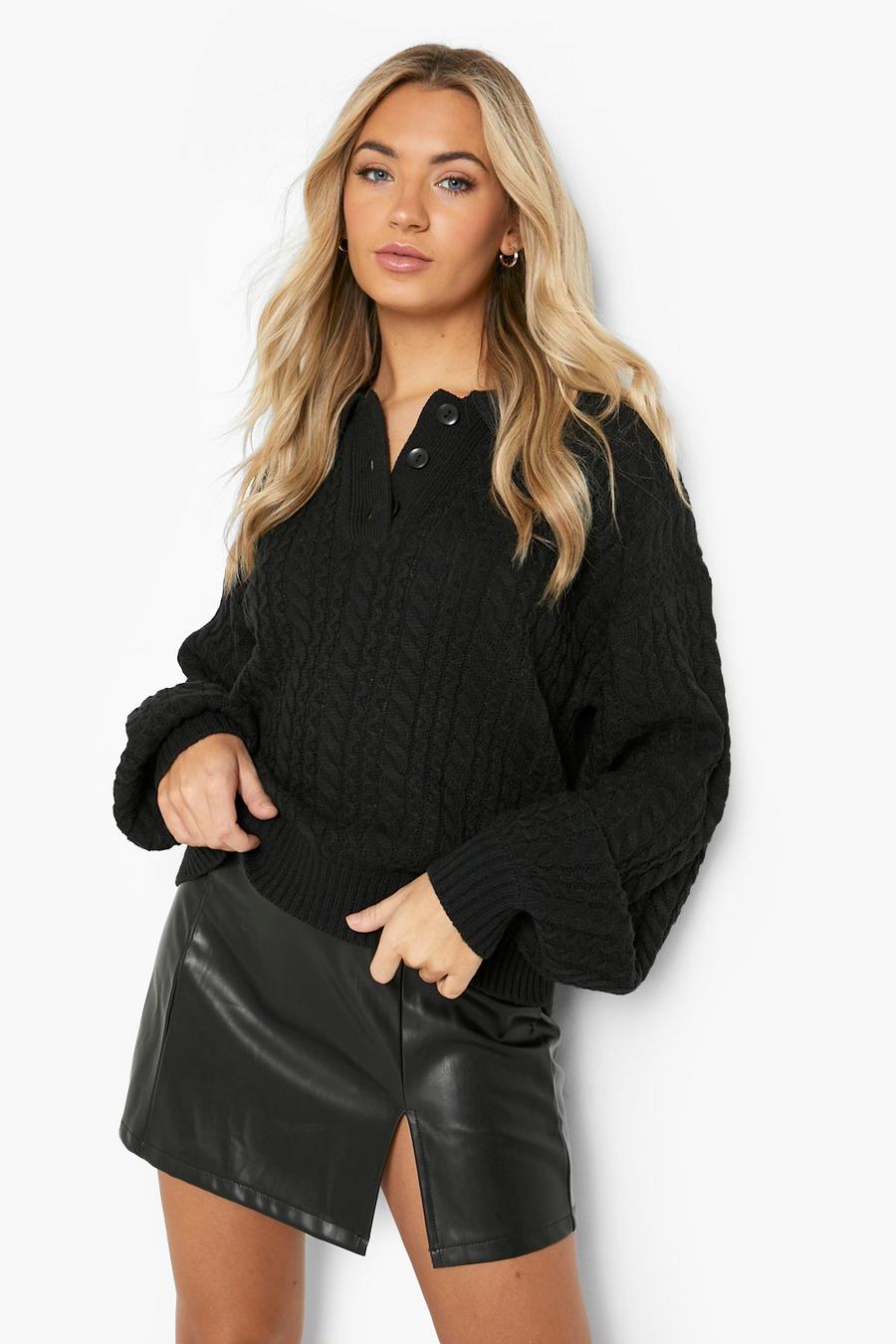 Black Cable Knit Polo Collar Jumper image number 1