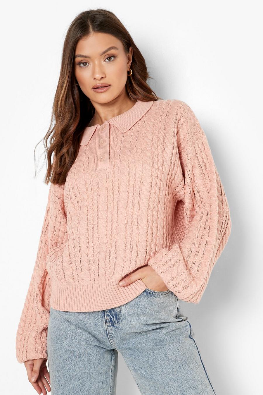 Peach Cable Knit Polo Collar Jumper image number 1