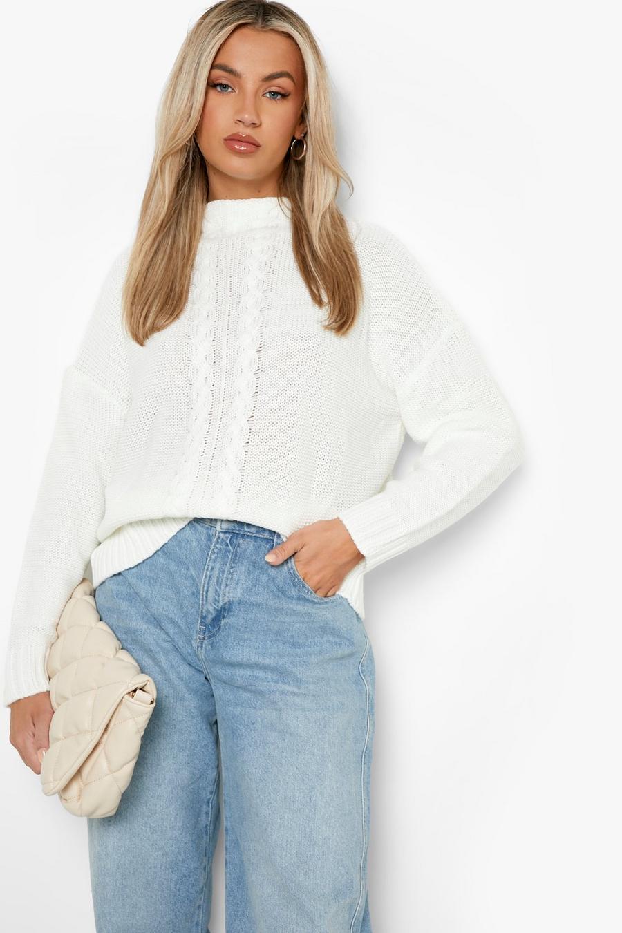 Cream Funnel Neck Cable Knitted Jumper image number 1