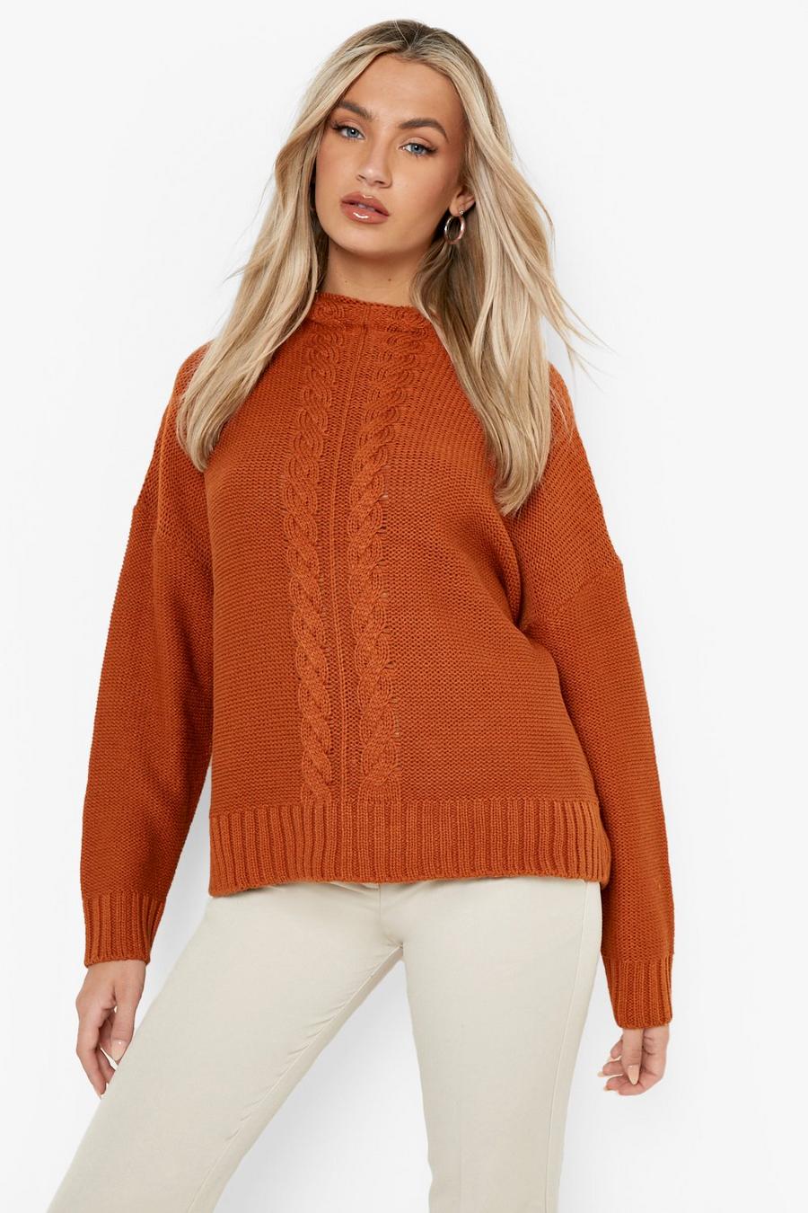 Rust Funnel Neck Cable Knitted Jumper image number 1