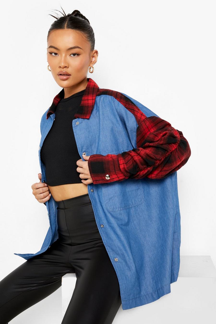 Mid blue Checked Ruched Sleeve Oversized Shirt image number 1