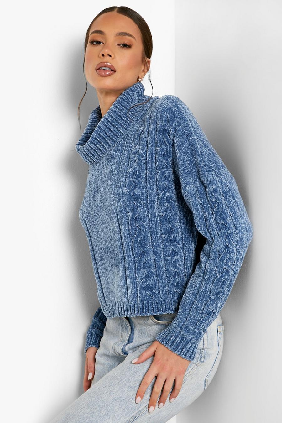 Denim Chenille Roll Neck Cable Jumper image number 1