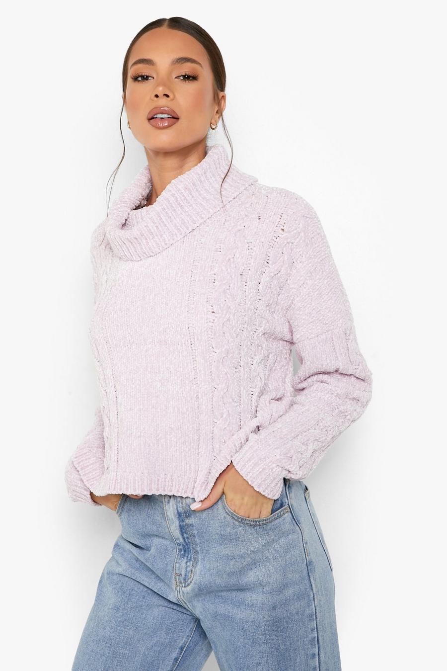 Lavender Recycled Chenille Turtleneck Cable Sweater image number 1