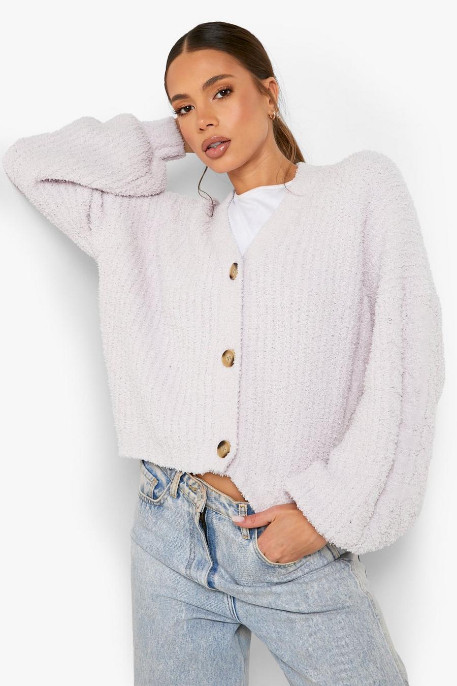 Lavender Teddy Knit Cable Sleeve Cardigan image number 1