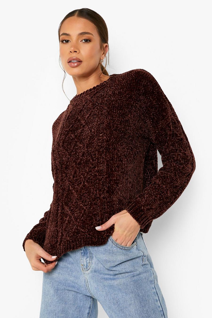 Chocolate Recycled Chenille Cable Knit Sweater image number 1