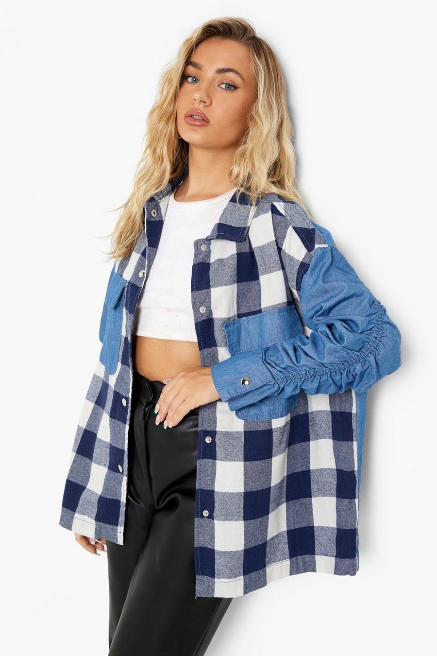 Mid blue Checked Ruched Sleeve Oversized Shirt image number 1