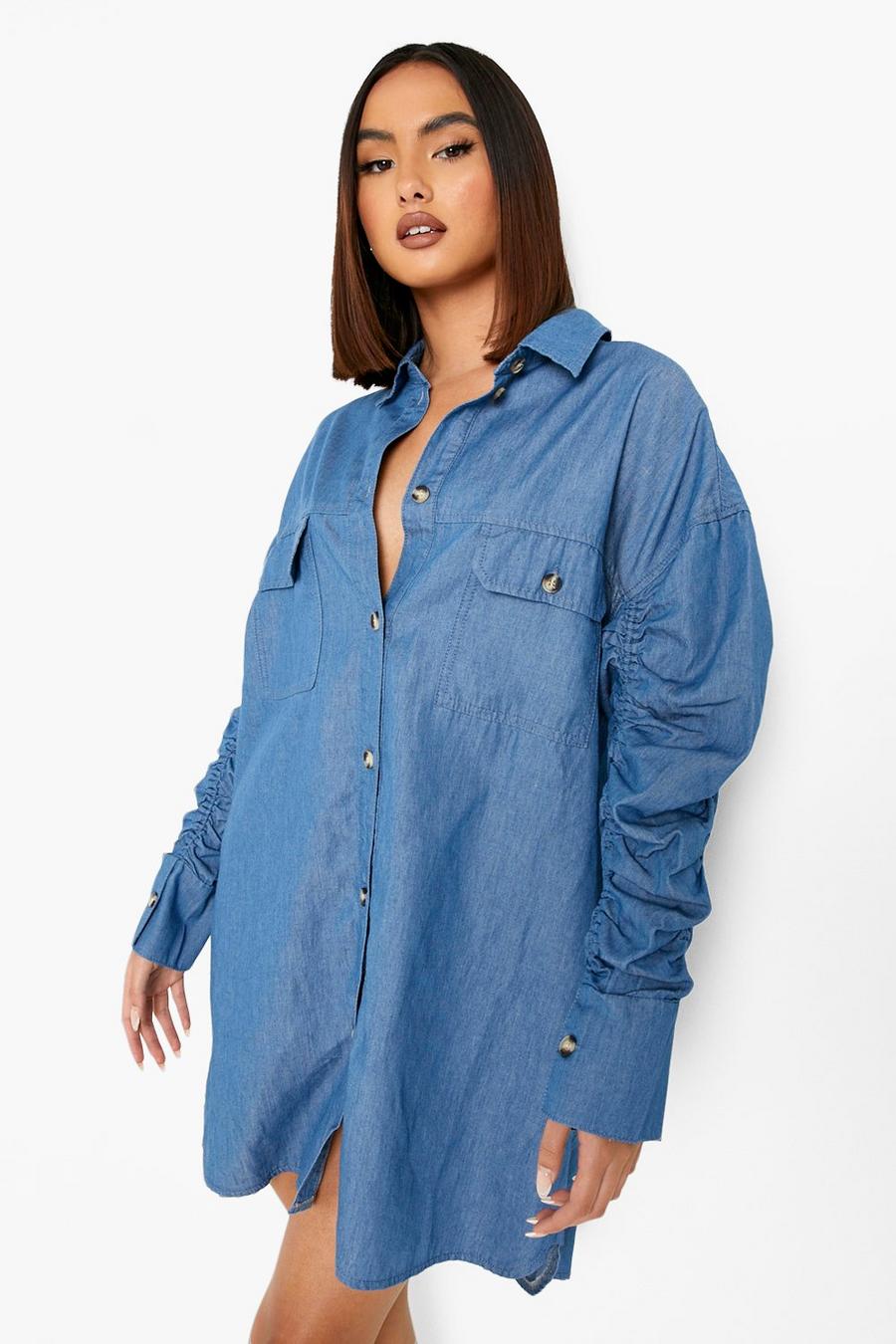 Mid blue Skjortklänning i denim med rynkad ärm image number 1