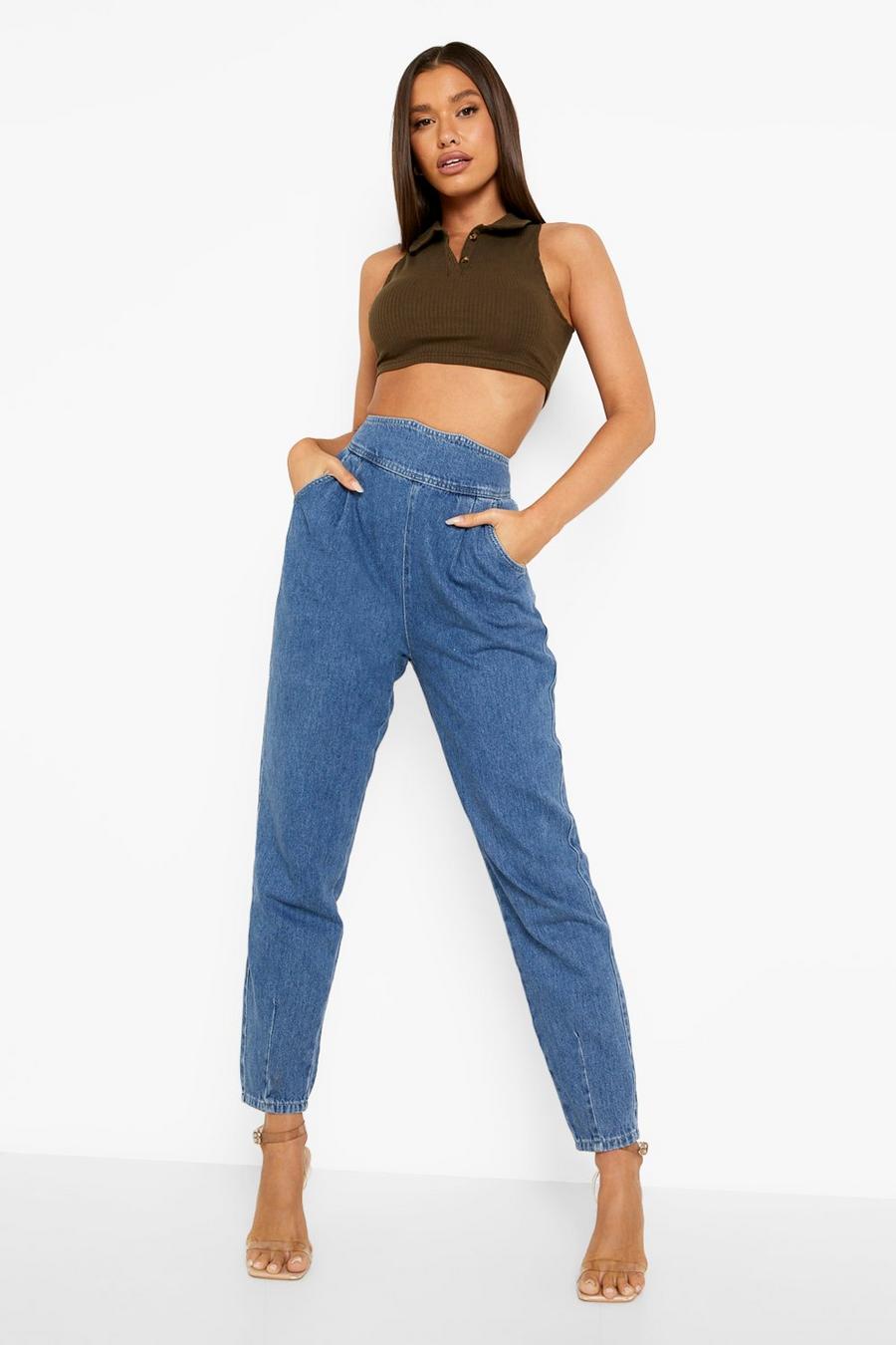 Mid blue Mom jeans med hög midja och korsettdetaljer image number 1