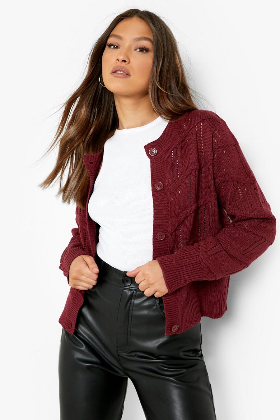 Wine Cable Knit Cropped Cardigan image number 1