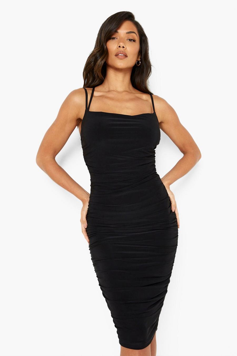 Black Double Slinky Strappy Ruched Midi Dress image number 1