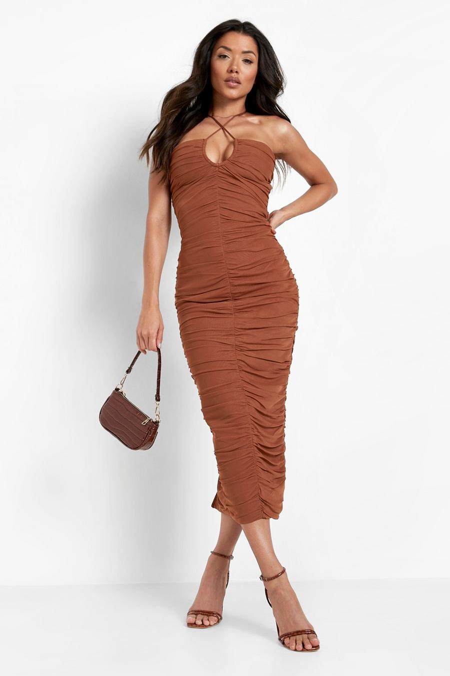 Gerafftes Premium Bandagen Neckholder-Kleid, Brown image number 1