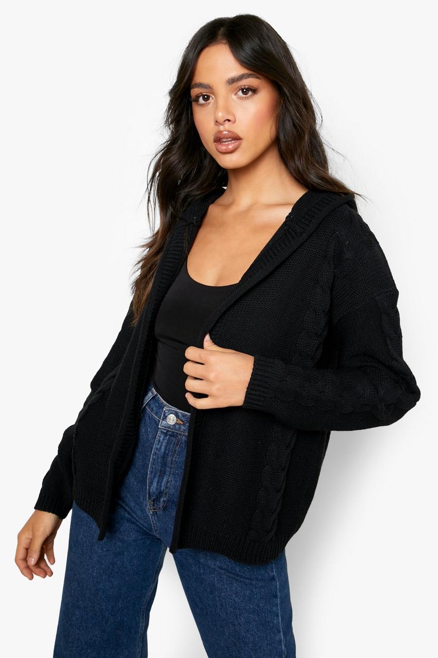 Black Hooded Cable Knit Cardigan image number 1