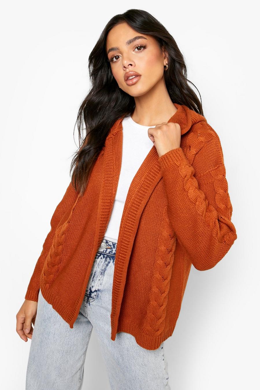 Rust Hooded Cable Knit Cardigan image number 1