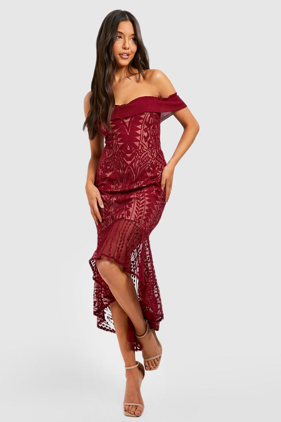 Berry red Off The Shoulder Lace Ruffle Hem Maxi Dress